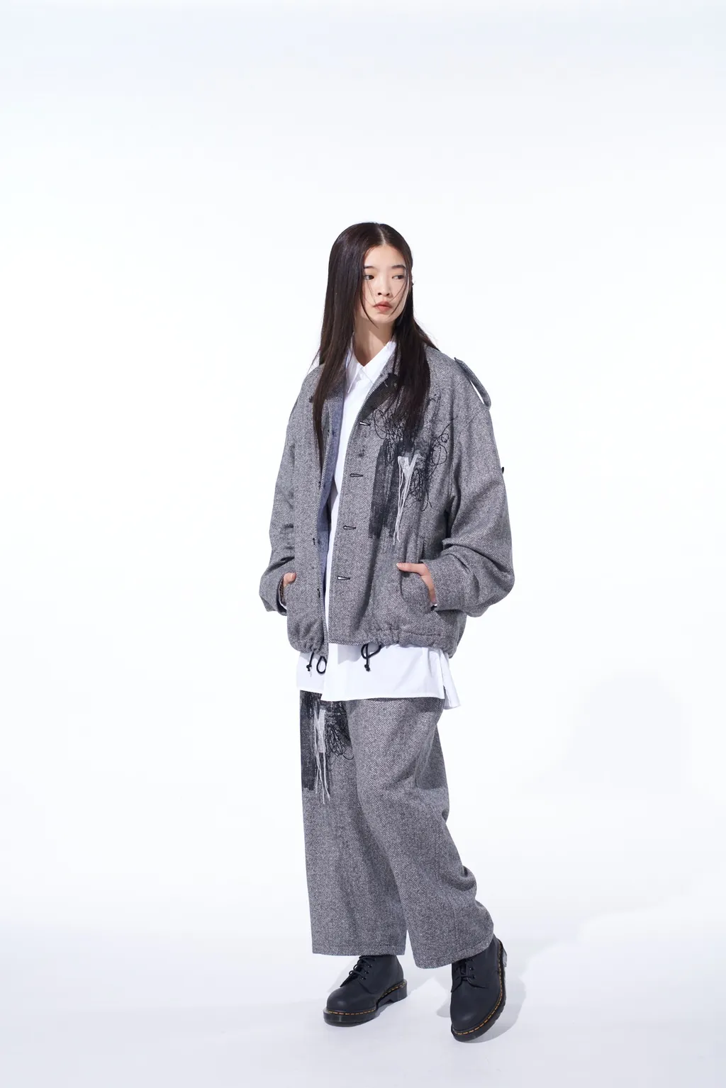 Herringbone Tweed Waist-String Wide Pants