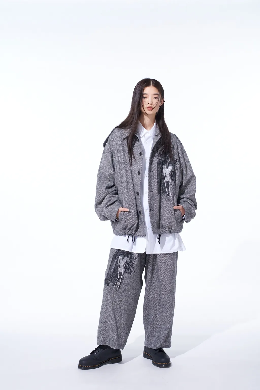 Herringbone Tweed Waist-String Wide Pants