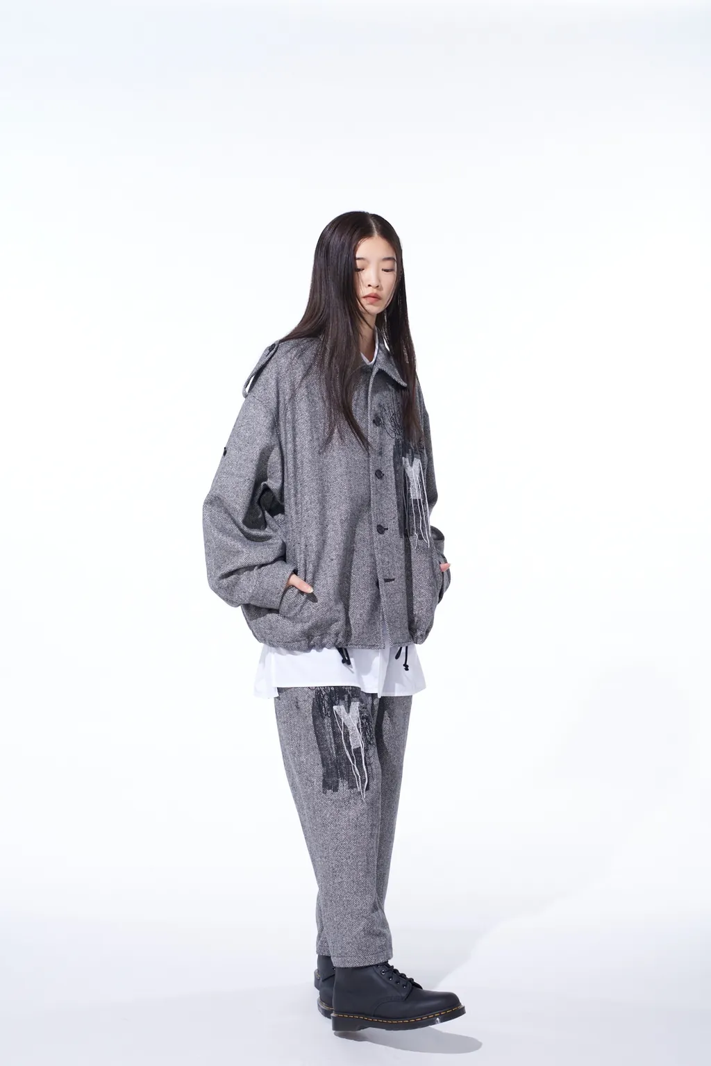 Herringbone Tweed Waist-String Wide Pants