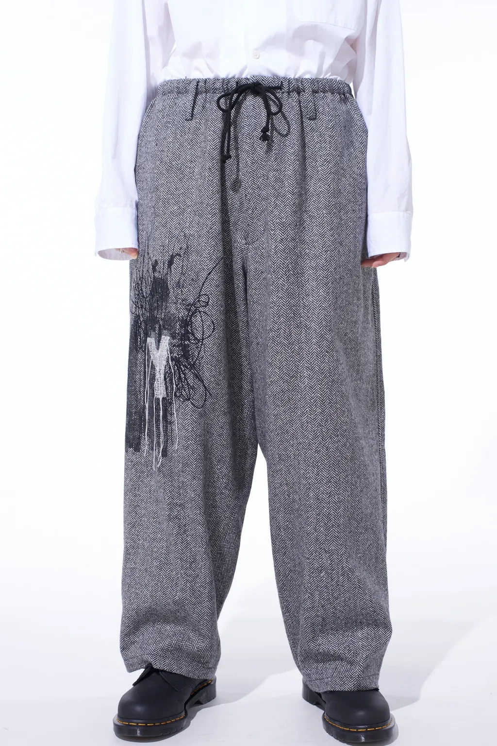 Herringbone Tweed Waist-String Wide Pants