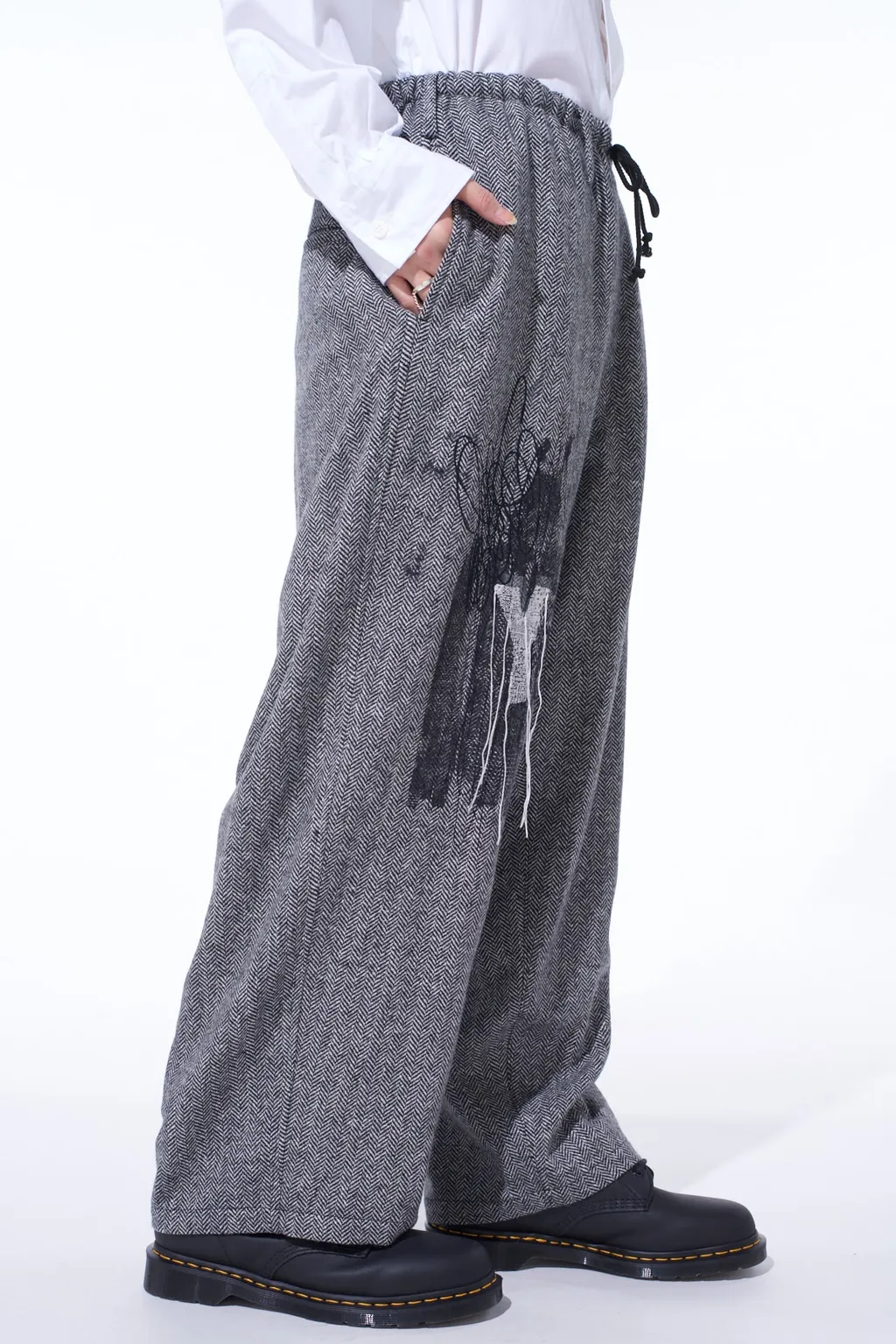 Herringbone Tweed Waist-String Wide Pants