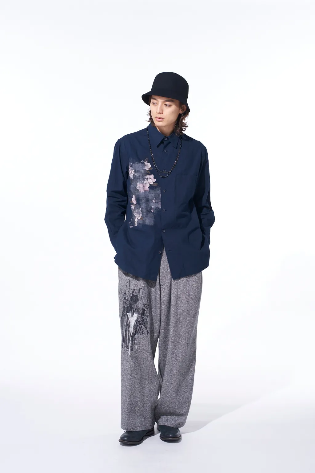 Herringbone Tweed Waist-String Wide Pants