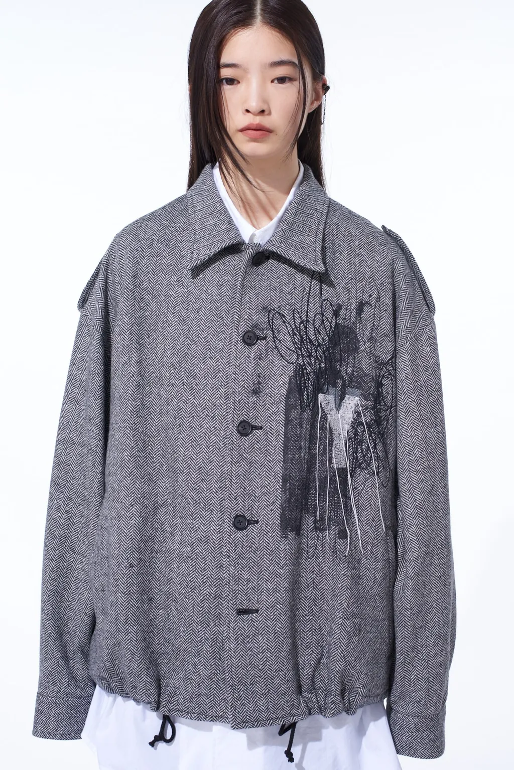 Herringbone Tweed Epaulette Oversized Blouson