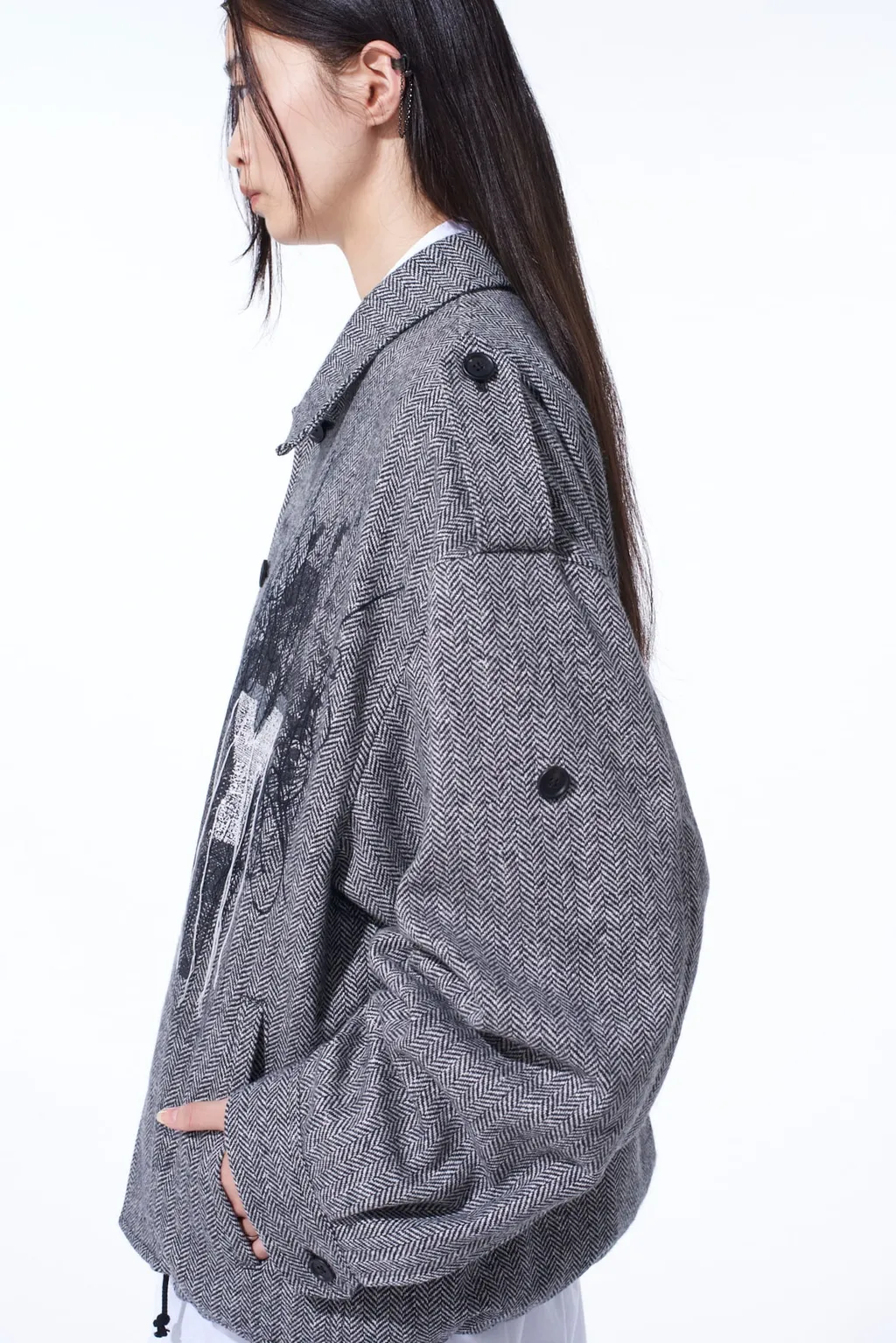 Herringbone Tweed Epaulette Oversized Blouson