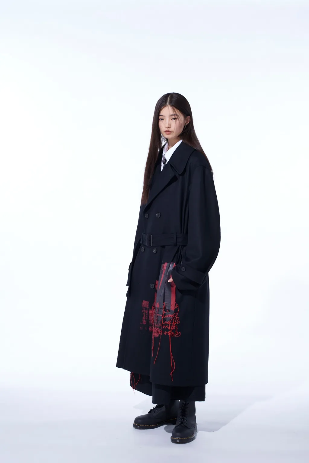 Lamb Wool Printed Messege Embroidery Trench Coat
