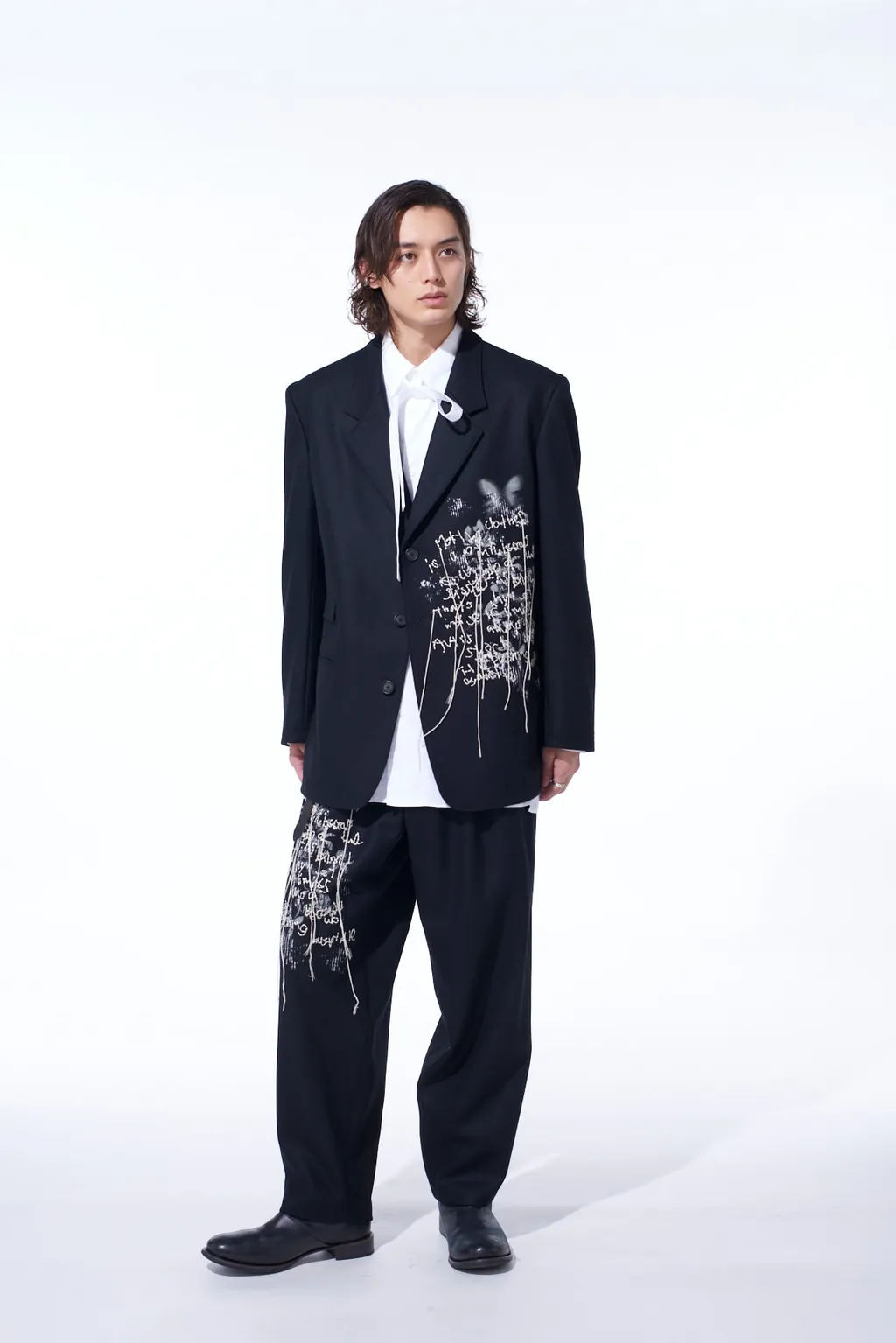Lamb Wool Printed Messege Embroidery 2 Tuck Suspender Pants