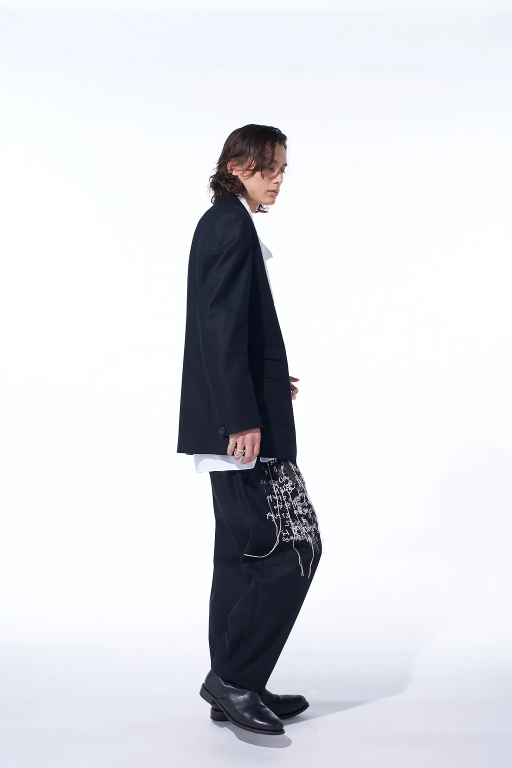 Lamb Wool Printed Messege Embroidery 2 Tuck Suspender Pants