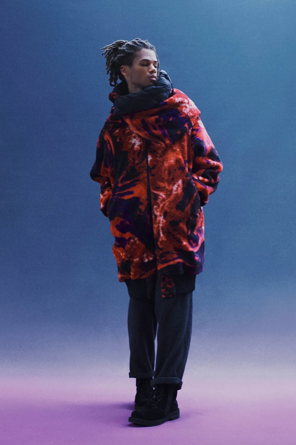 S'yte X Taion Reversible Long Bomber Jacket With Red Printed Fleece Lining