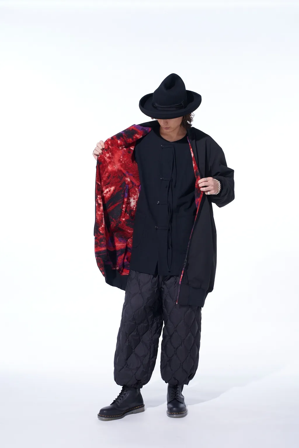 S'yte X Taion Reversible Long Bomber Jacket With Red Printed Fleece Lining