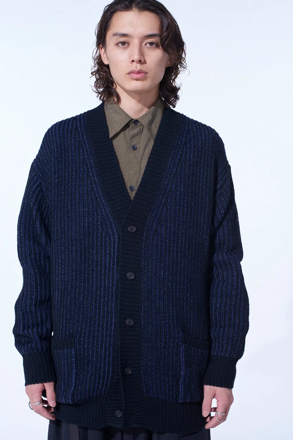5G Bulky Wool Rib Stitch V-Neck Cardigan