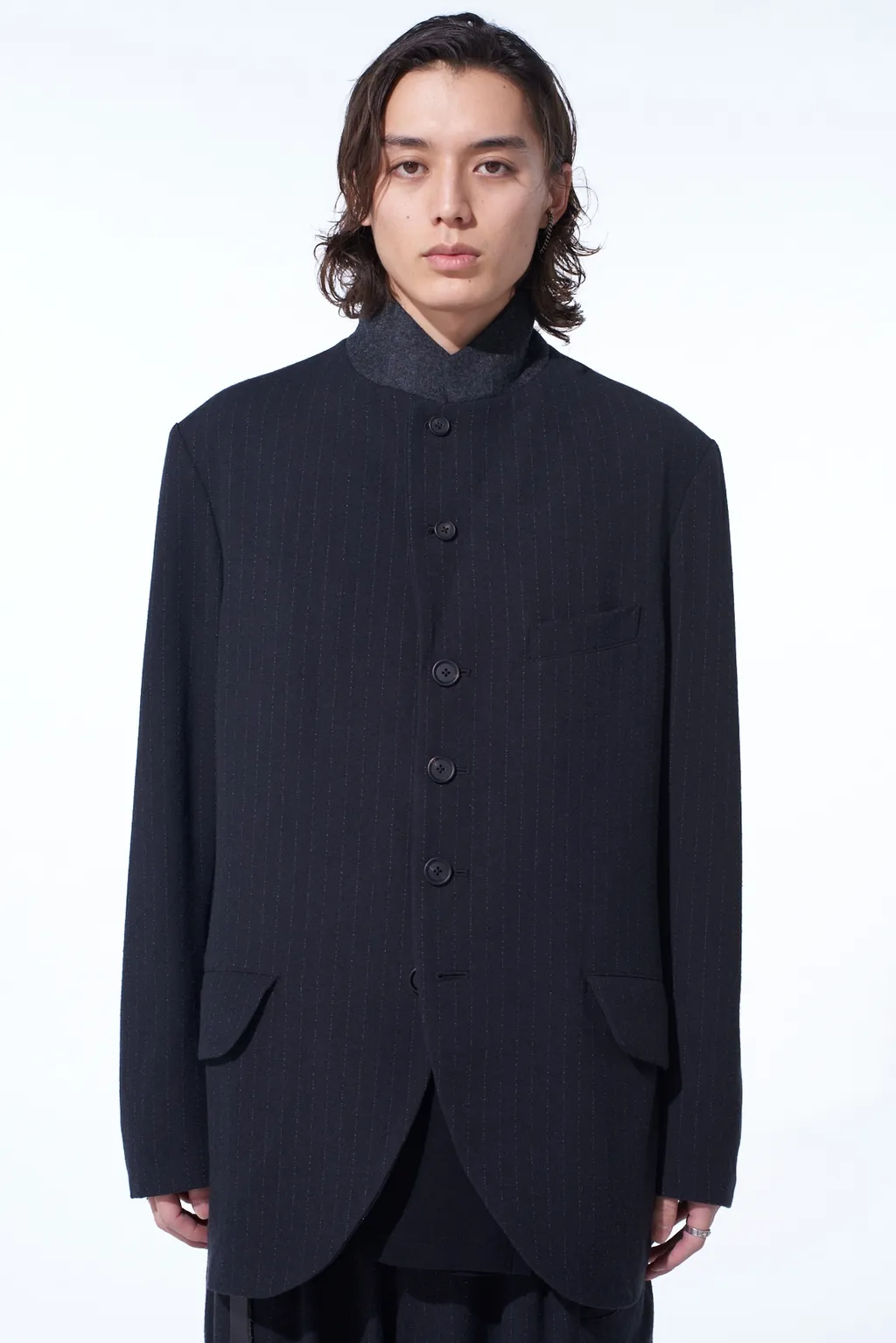 Striped Silk Angora Wool 6 Buttons Tailored Jacket
