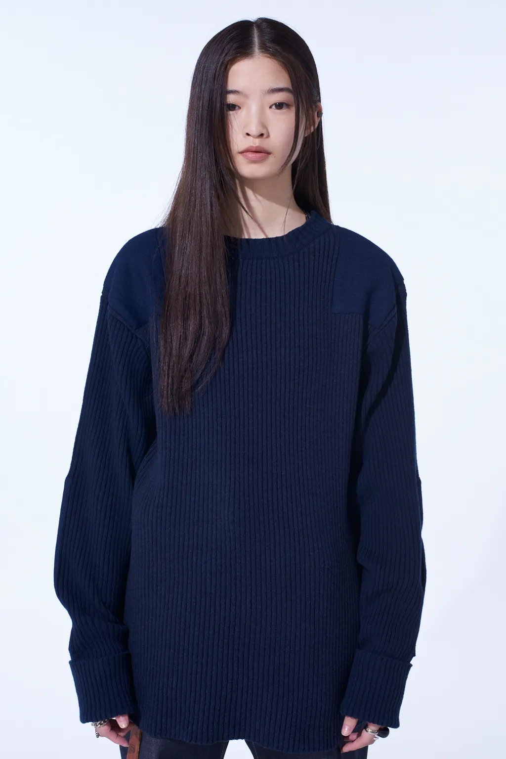 7G Wool Cotton Rib Pullover With Flannel Shoulder And Elbow Patches