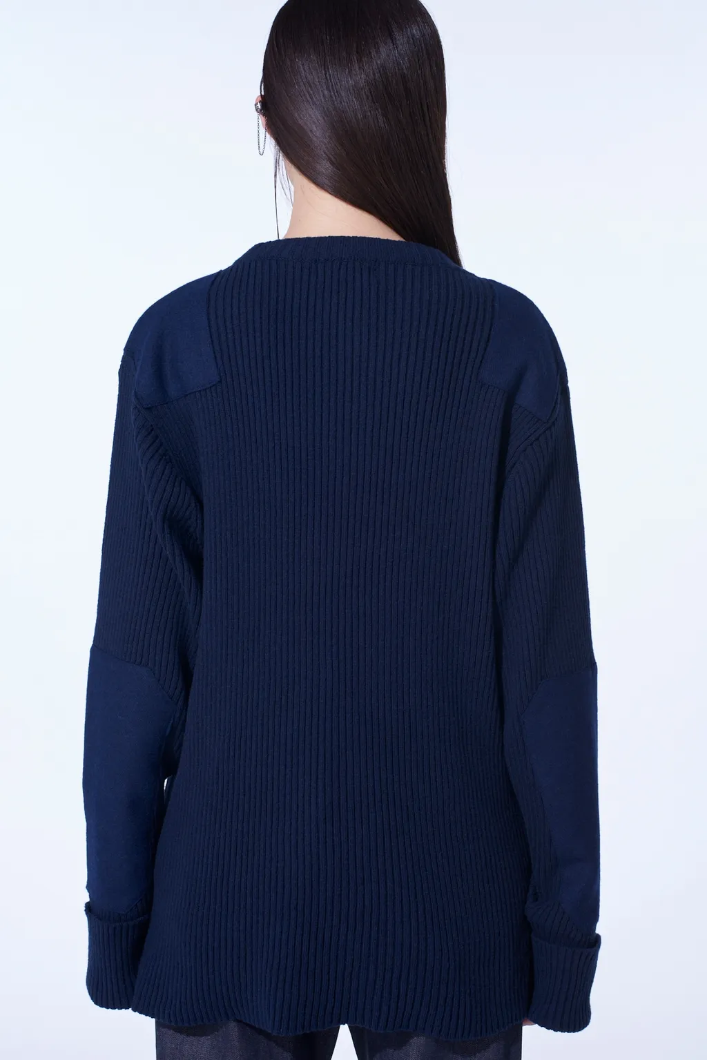 7G Wool Cotton Rib Pullover With Flannel Shoulder And Elbow Patches