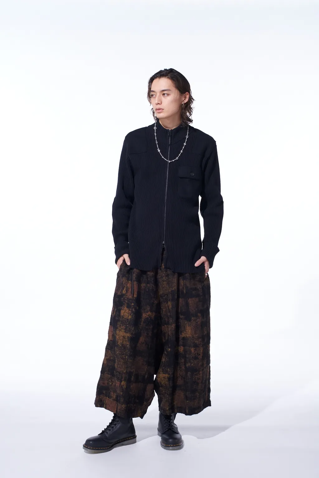 7G Wool Cotton Rib Zip-Up With Flannel Shoulder And Elbow Patches