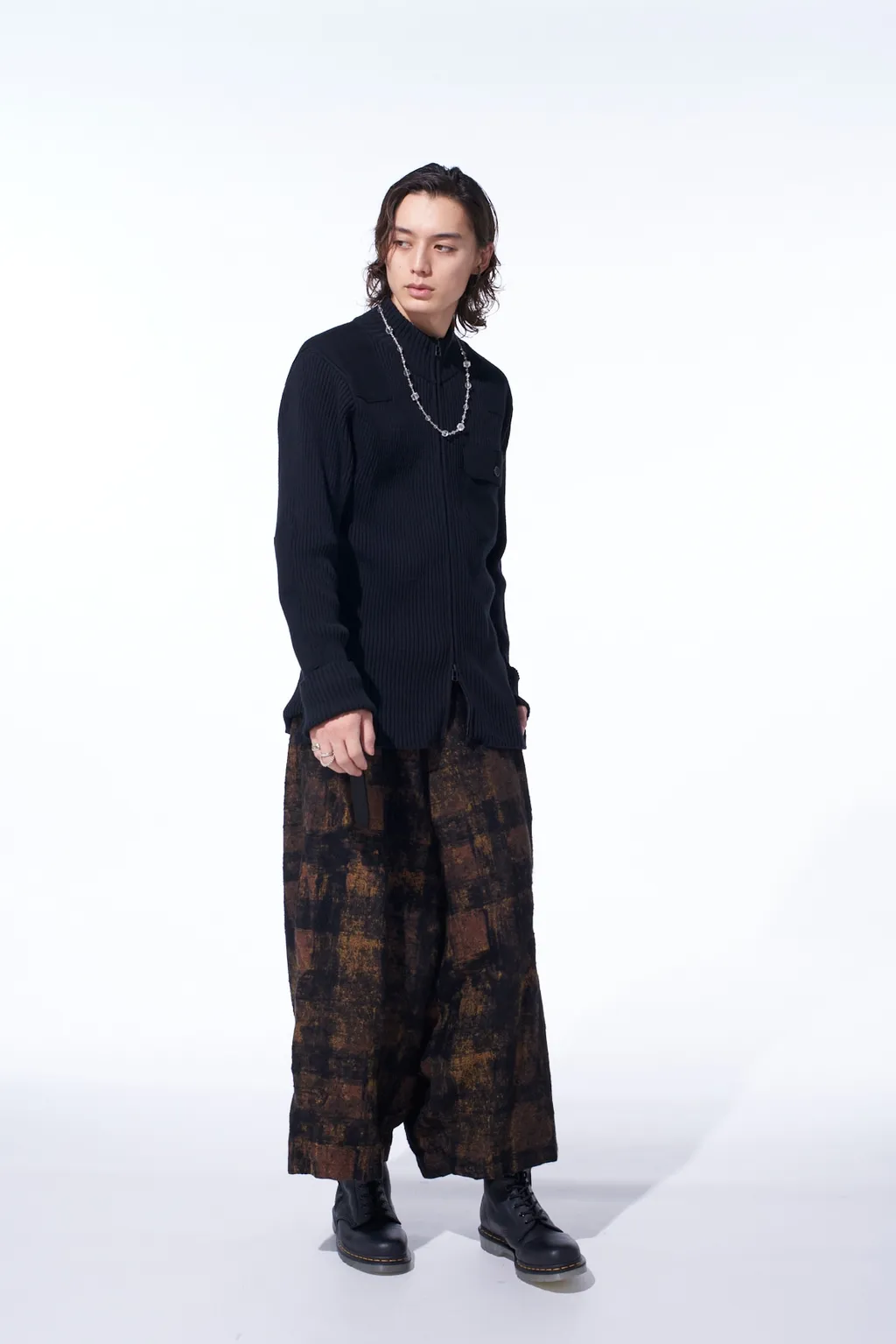7G Wool Cotton Rib Zip-Up With Flannel Shoulder And Elbow Patches