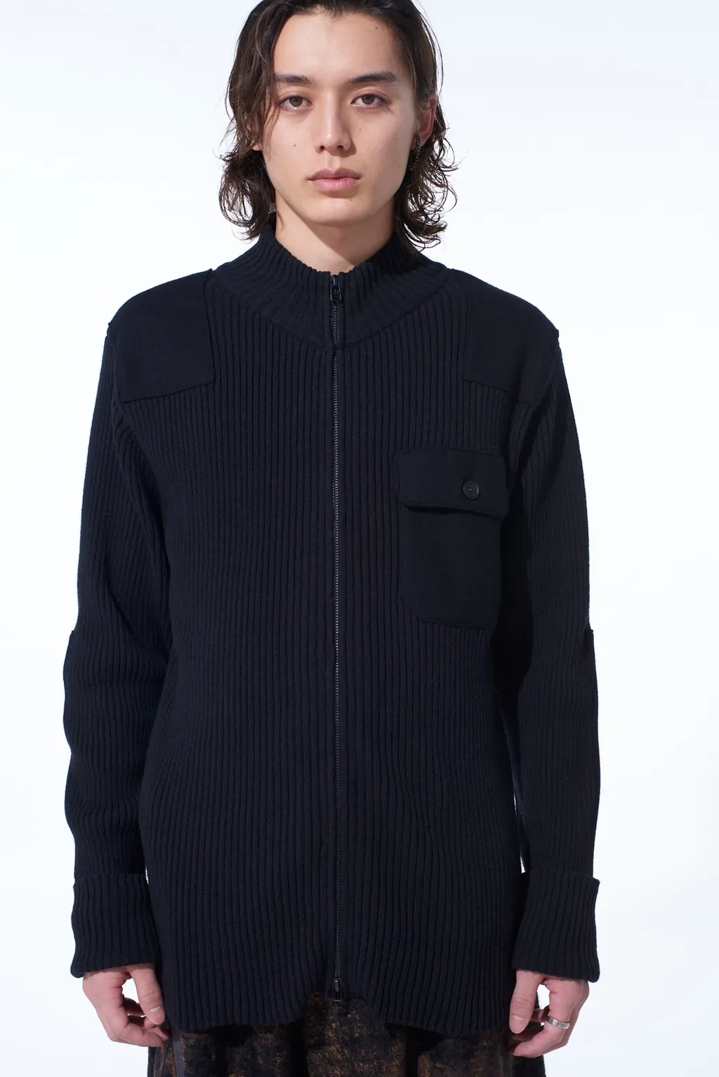 7G Wool Cotton Rib Zip-Up With Flannel Shoulder And Elbow Patches
