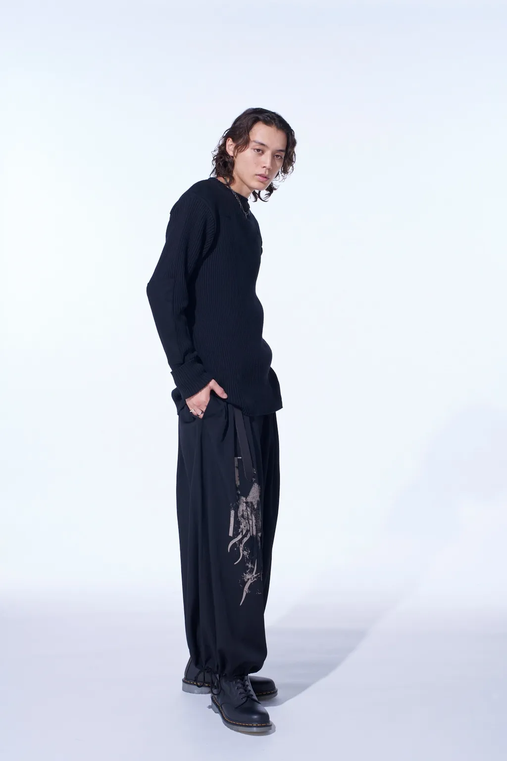 Washer Wool Gabardine Print Embroidery Balloon Pants