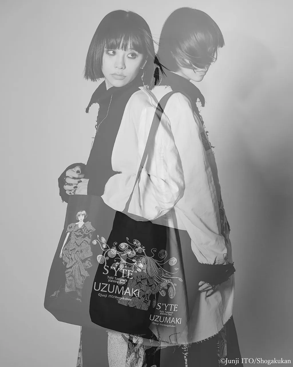 S'yte × Junji Ito -Uzumaki- Kirie&Azami Wearing Yohji Yamamoto Printed Bag
