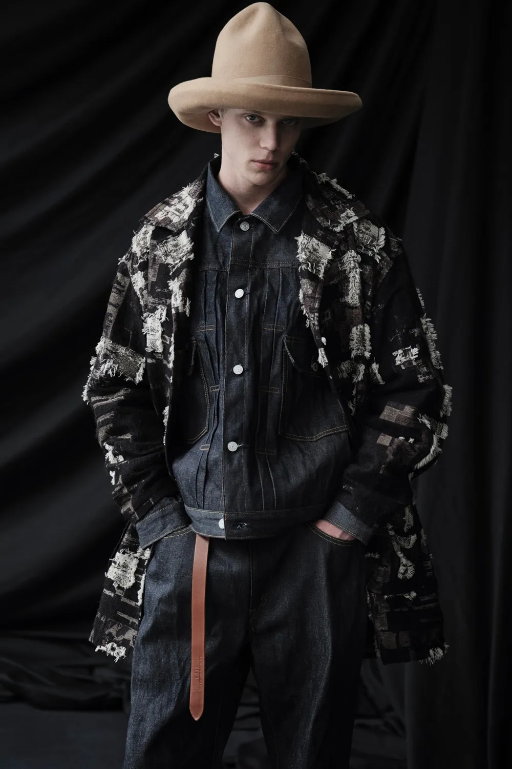 Patchwork Cut Jacquard Pocket Half Coat