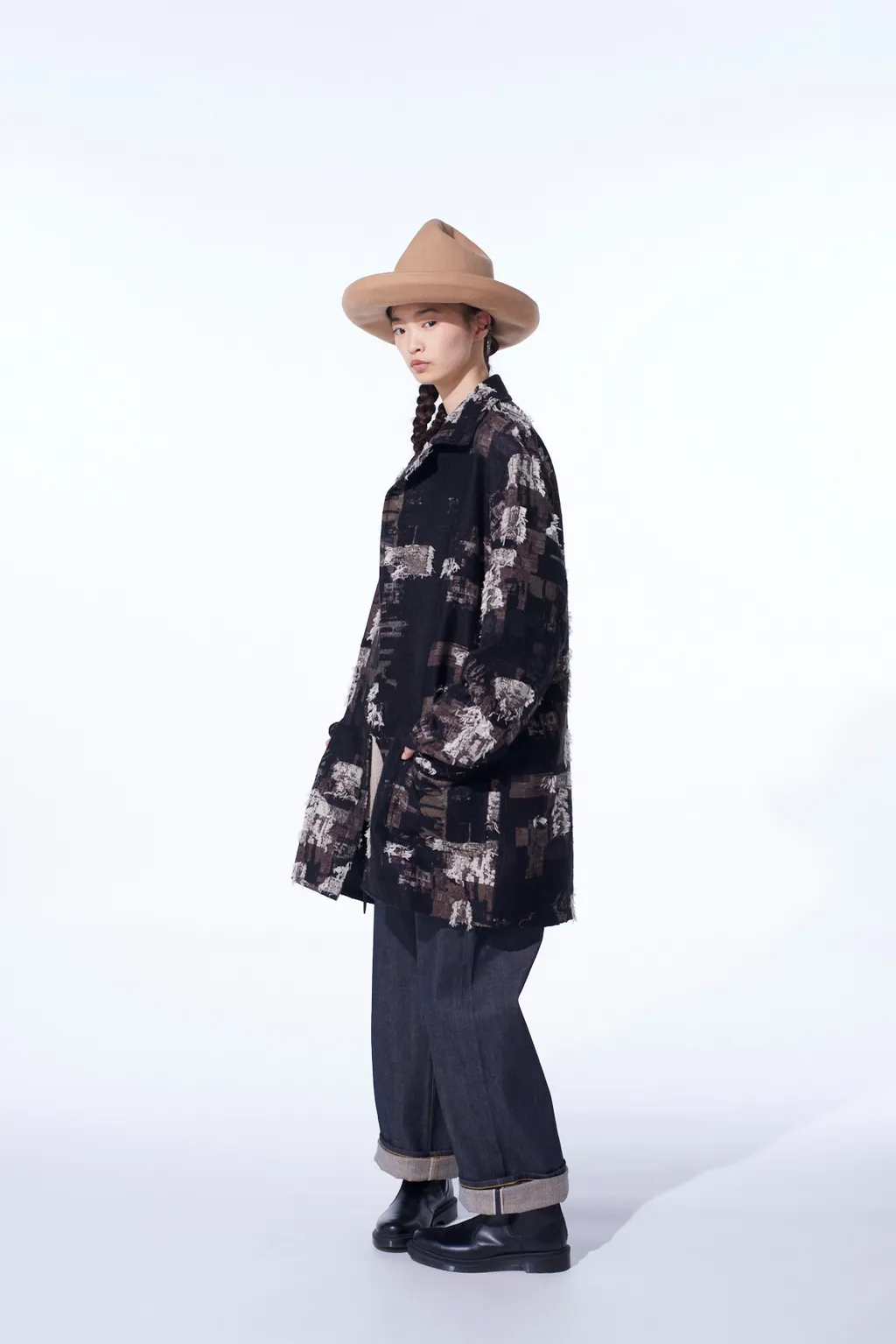 Patchwork Cut Jacquard Pocket Half Coat