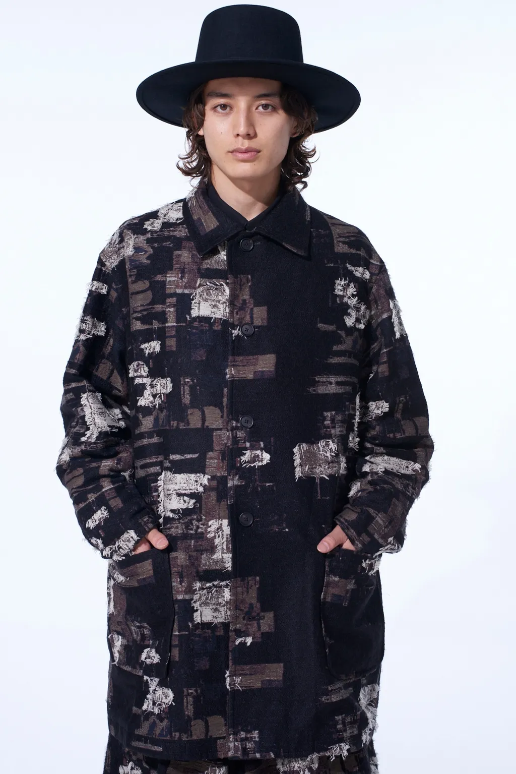 Patchwork Cut Jacquard Pocket Half Coat