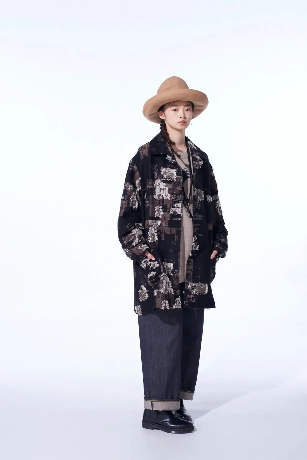 Patchwork Cut Jacquard Pocket Half Coat