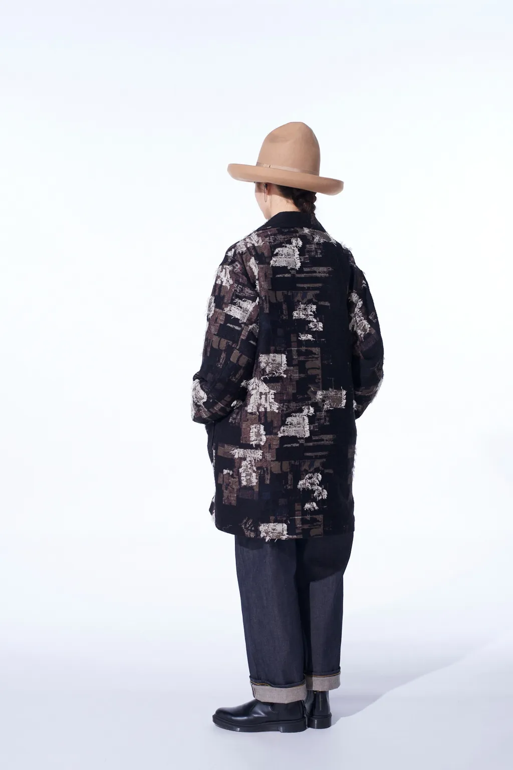 Patchwork Cut Jacquard Pocket Half Coat