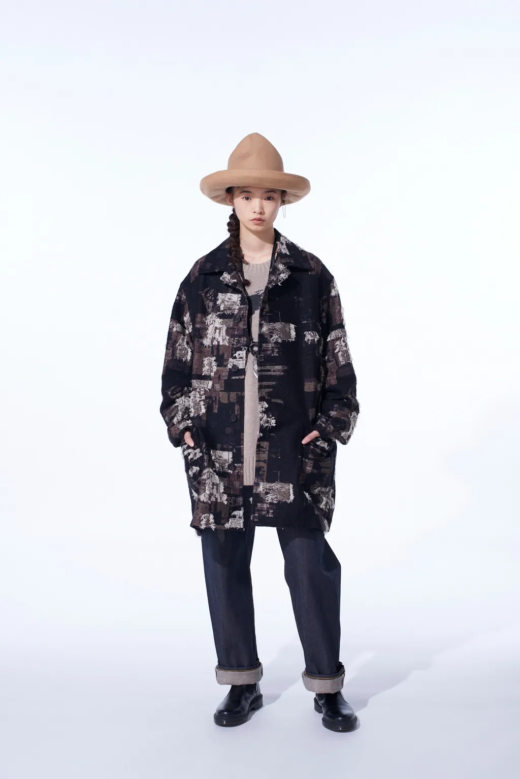 Patchwork Cut Jacquard Pocket Half Coat