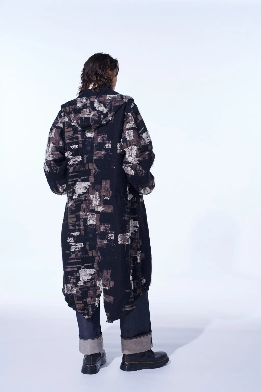 Patchwork Cut Jacquard Hooded Coat