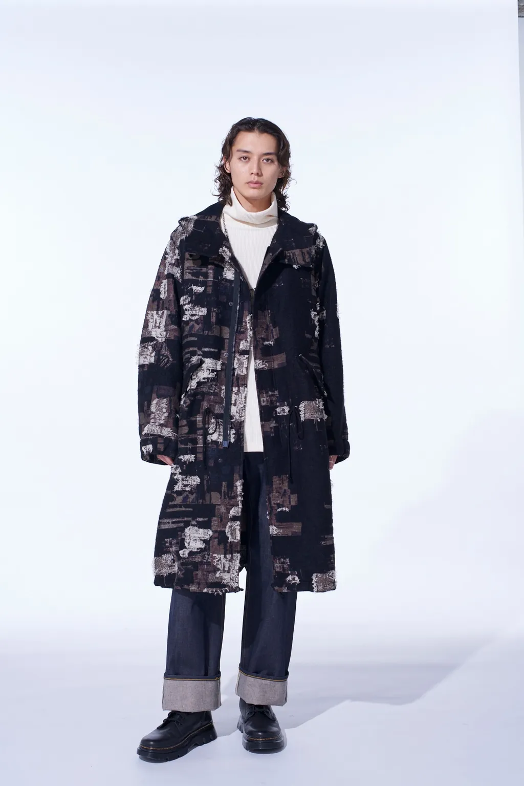 Patchwork Cut Jacquard Hooded Coat