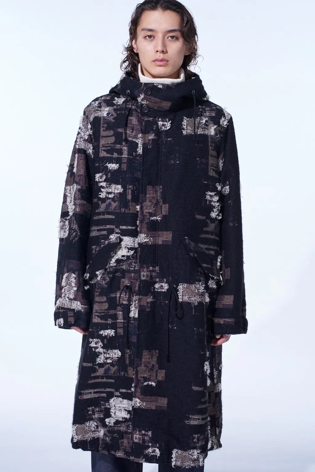 Patchwork Cut Jacquard Hooded Coat