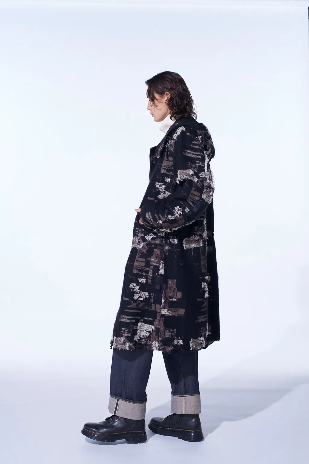Patchwork Cut Jacquard Hooded Coat