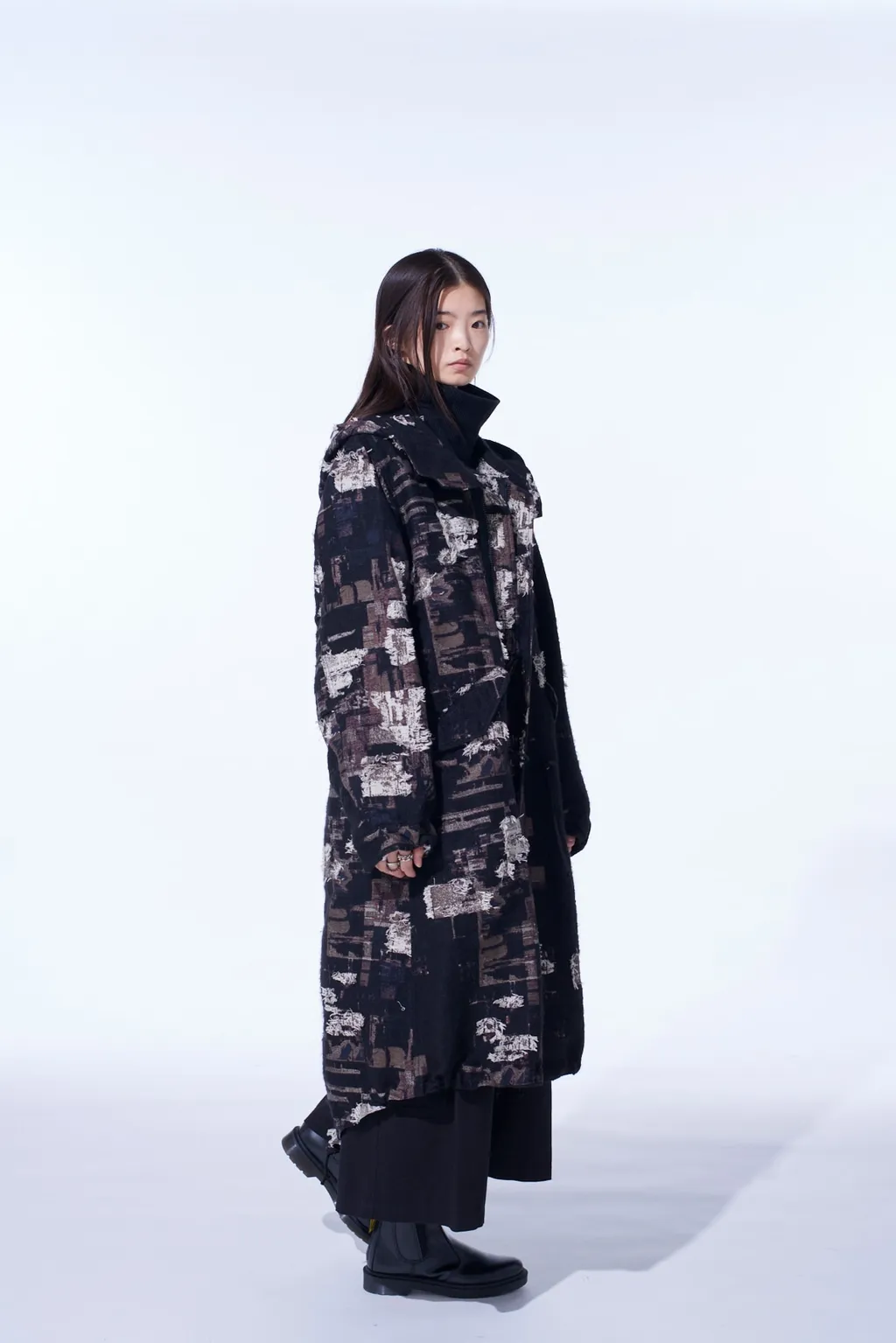 Patchwork Cut Jacquard Hooded Coat