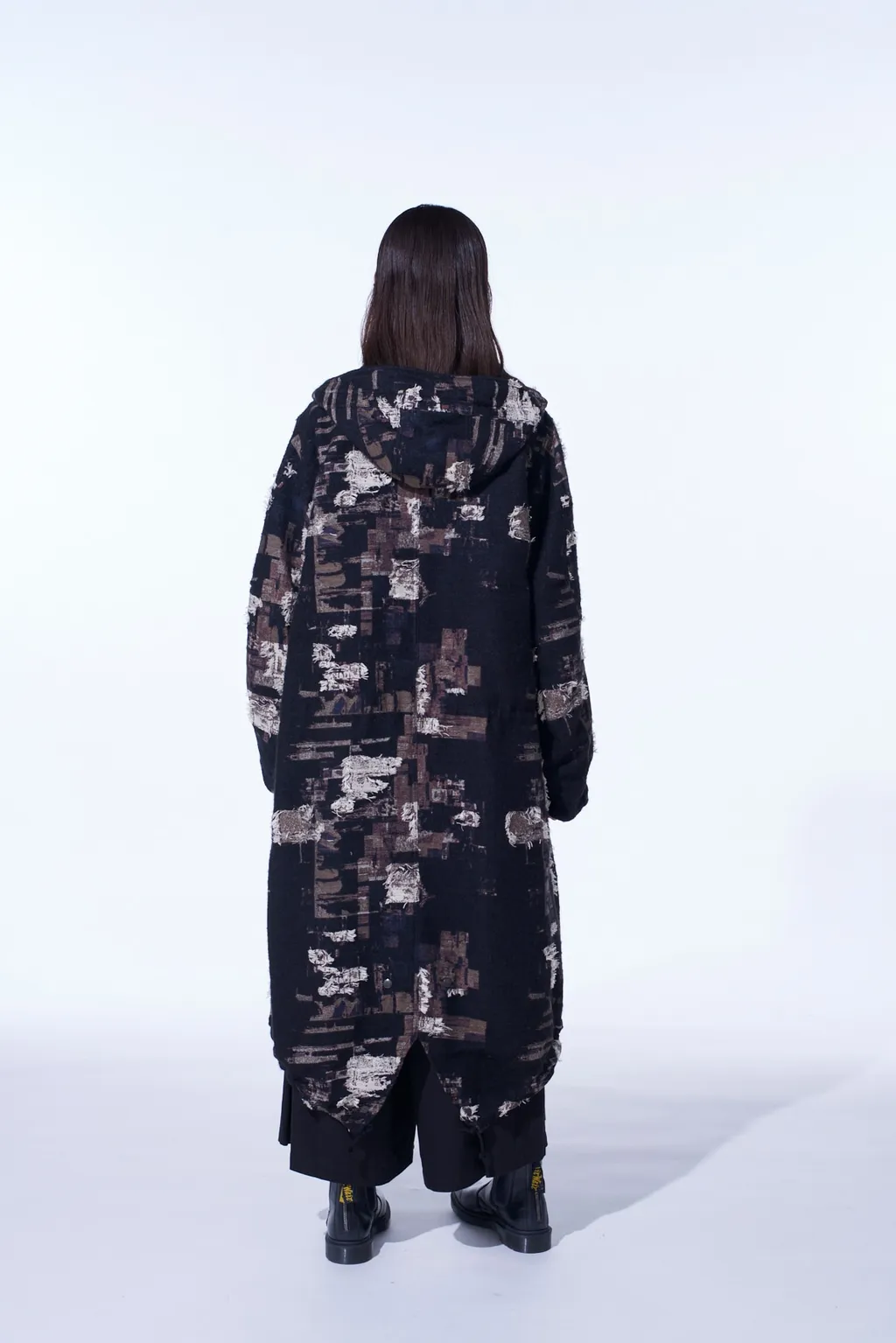 Patchwork Cut Jacquard Hooded Coat