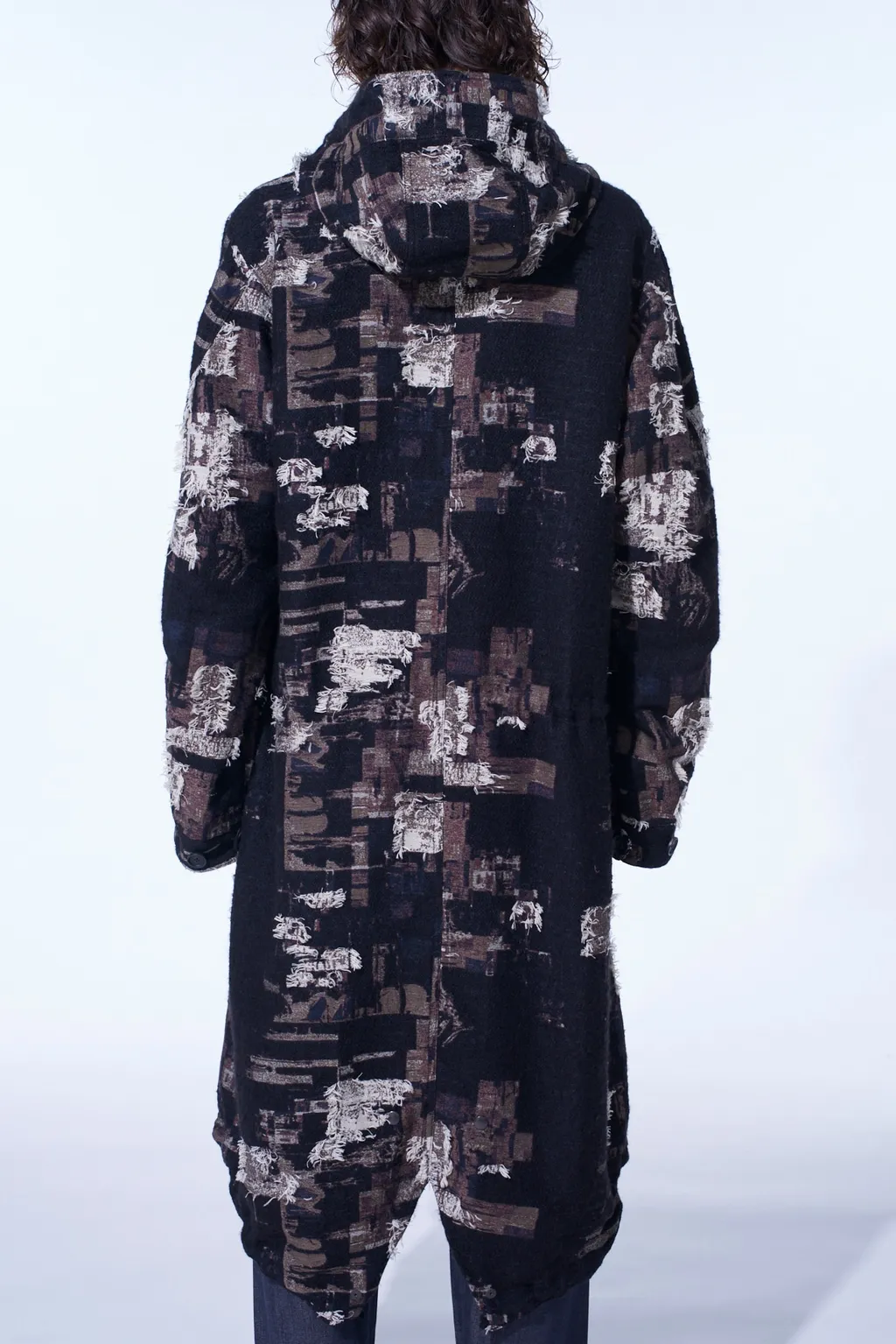 Patchwork Cut Jacquard Hooded Coat
