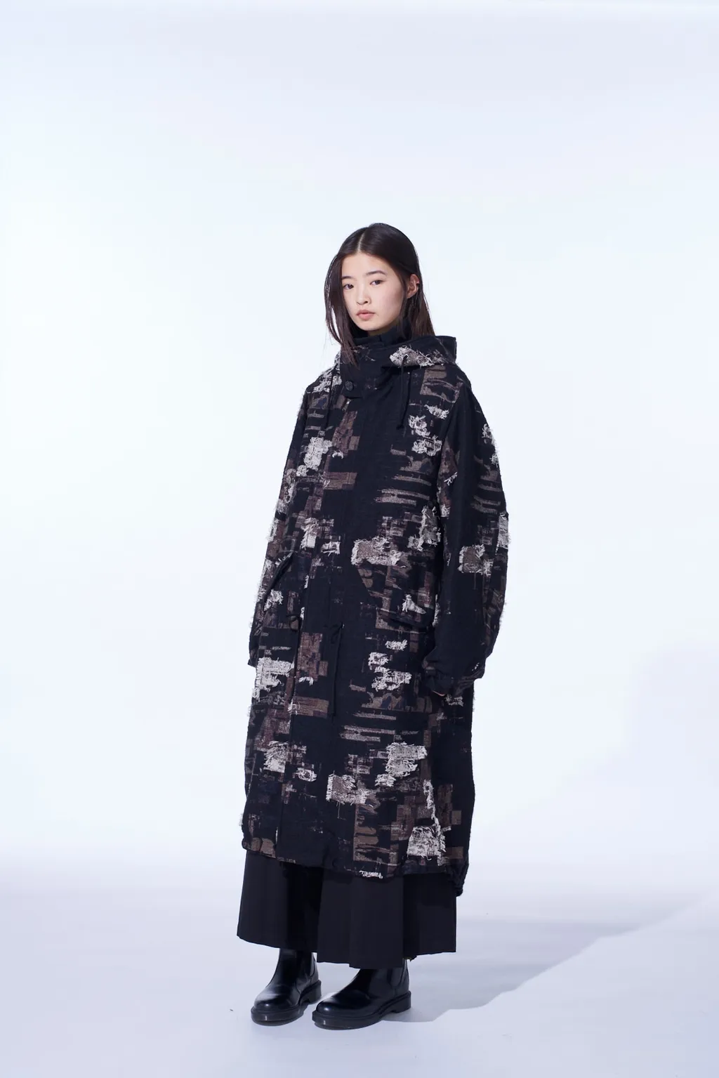 Patchwork Cut Jacquard Hooded Coat