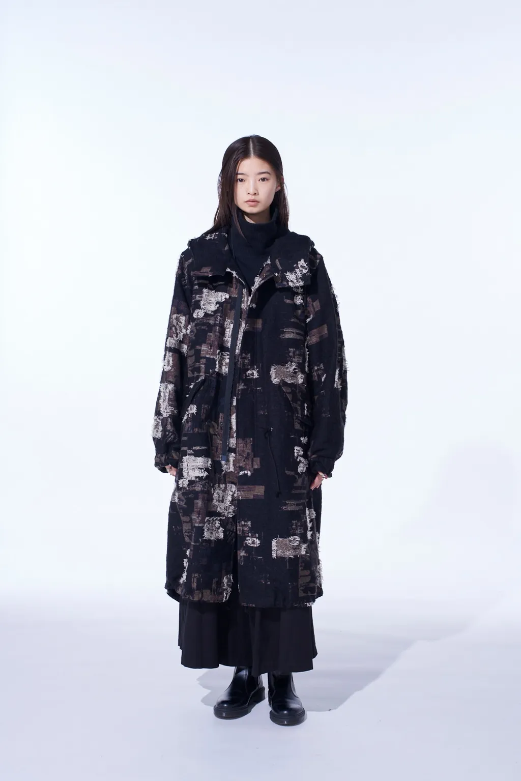 Patchwork Cut Jacquard Hooded Coat
