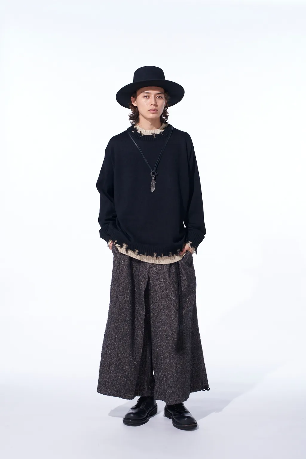 Brushed Twill Needle Punch Elastic Hakama Pants