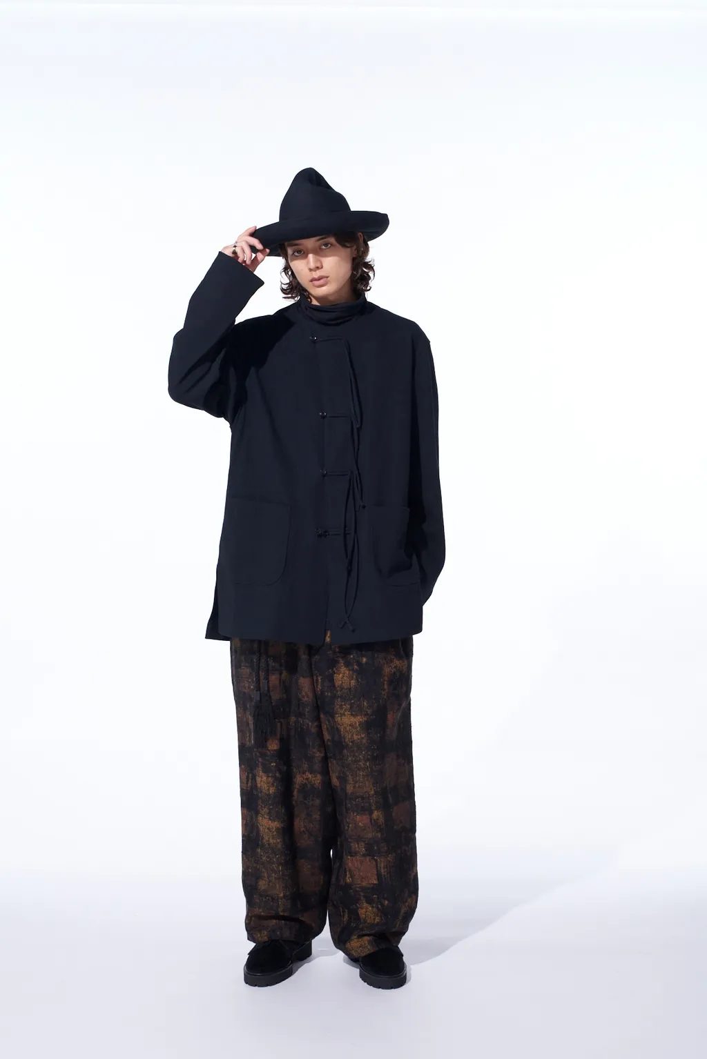 Check Jacquard Waist-String Wide Pants