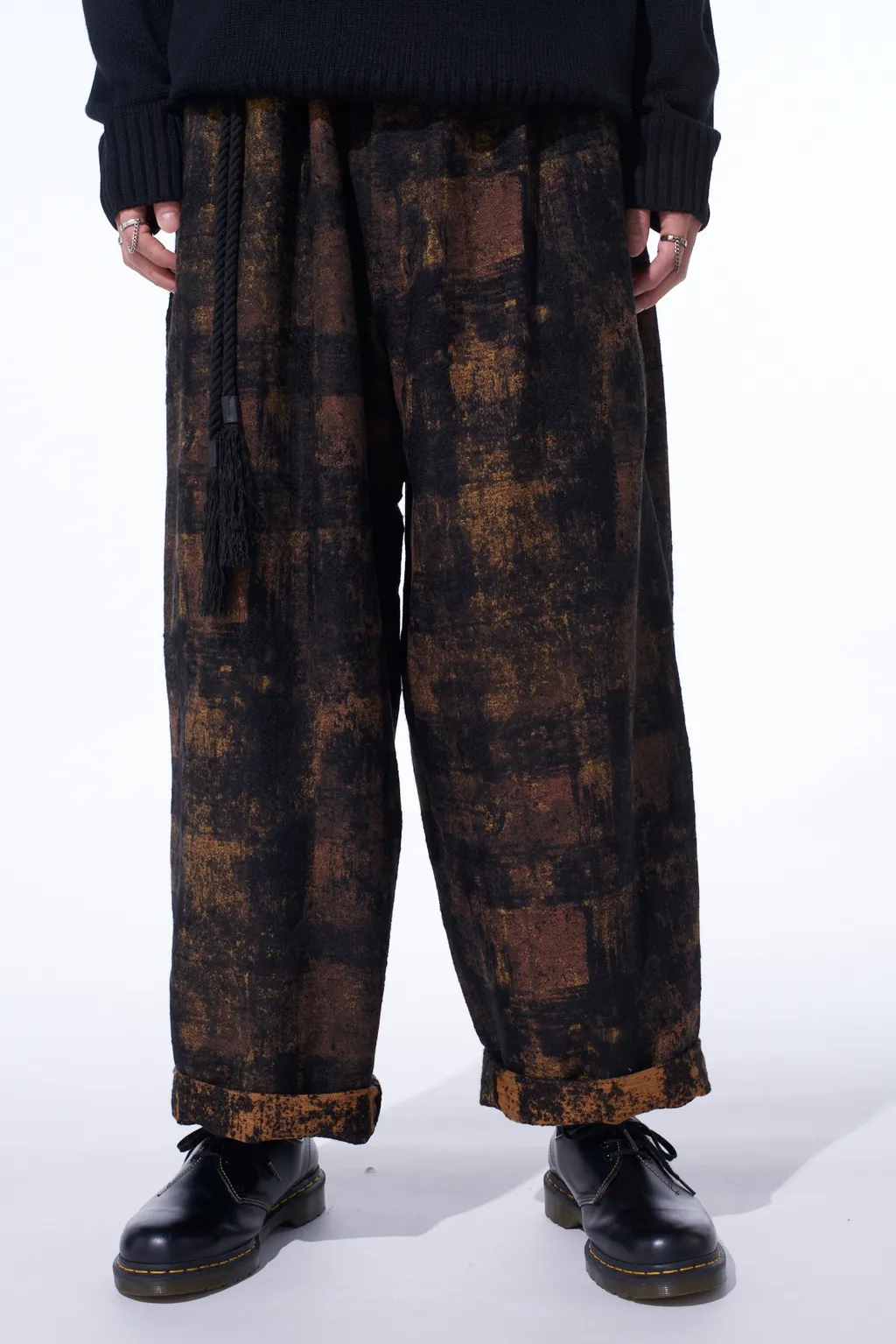 Check Jacquard Waist-String Wide Pants