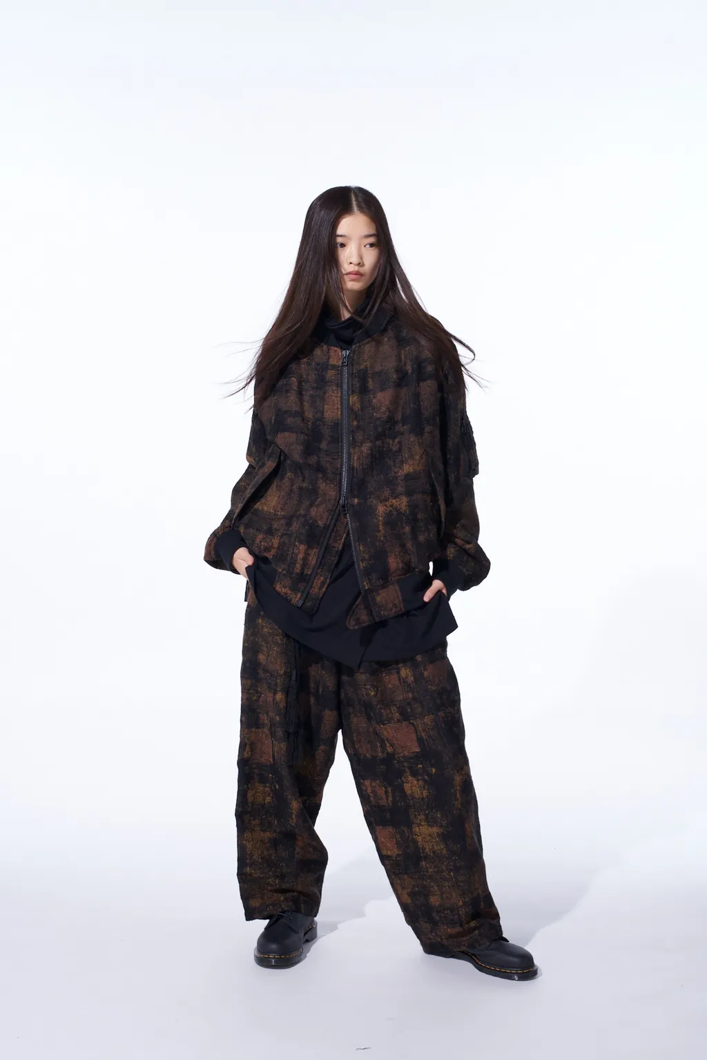 Check Jacquard Waist-String Wide Pants