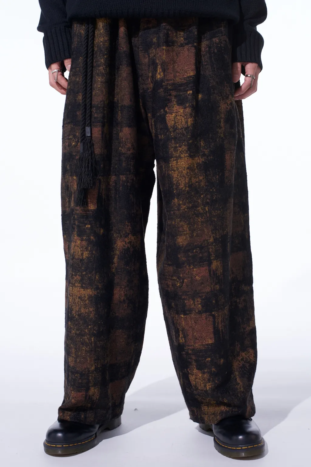 Check Jacquard Waist-String Wide Pants