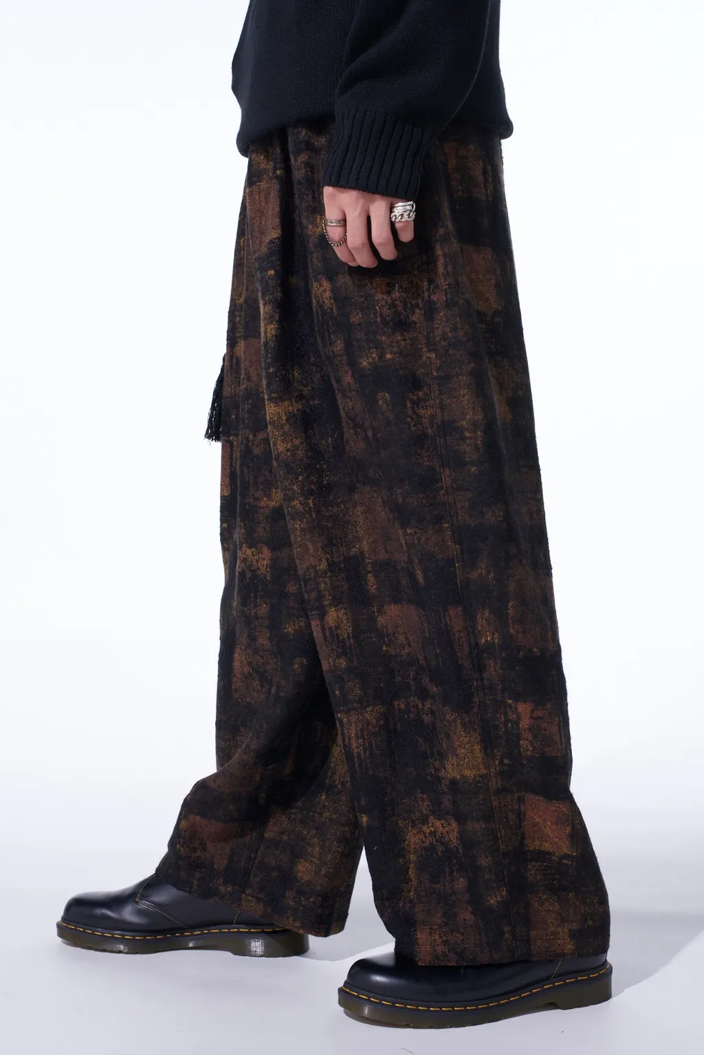 Check Jacquard Waist-String Wide Pants