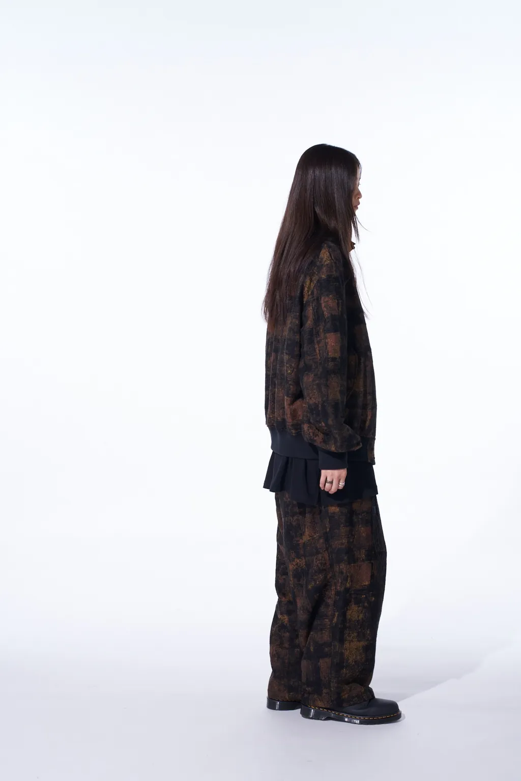 Check Jacquard Waist-String Wide Pants