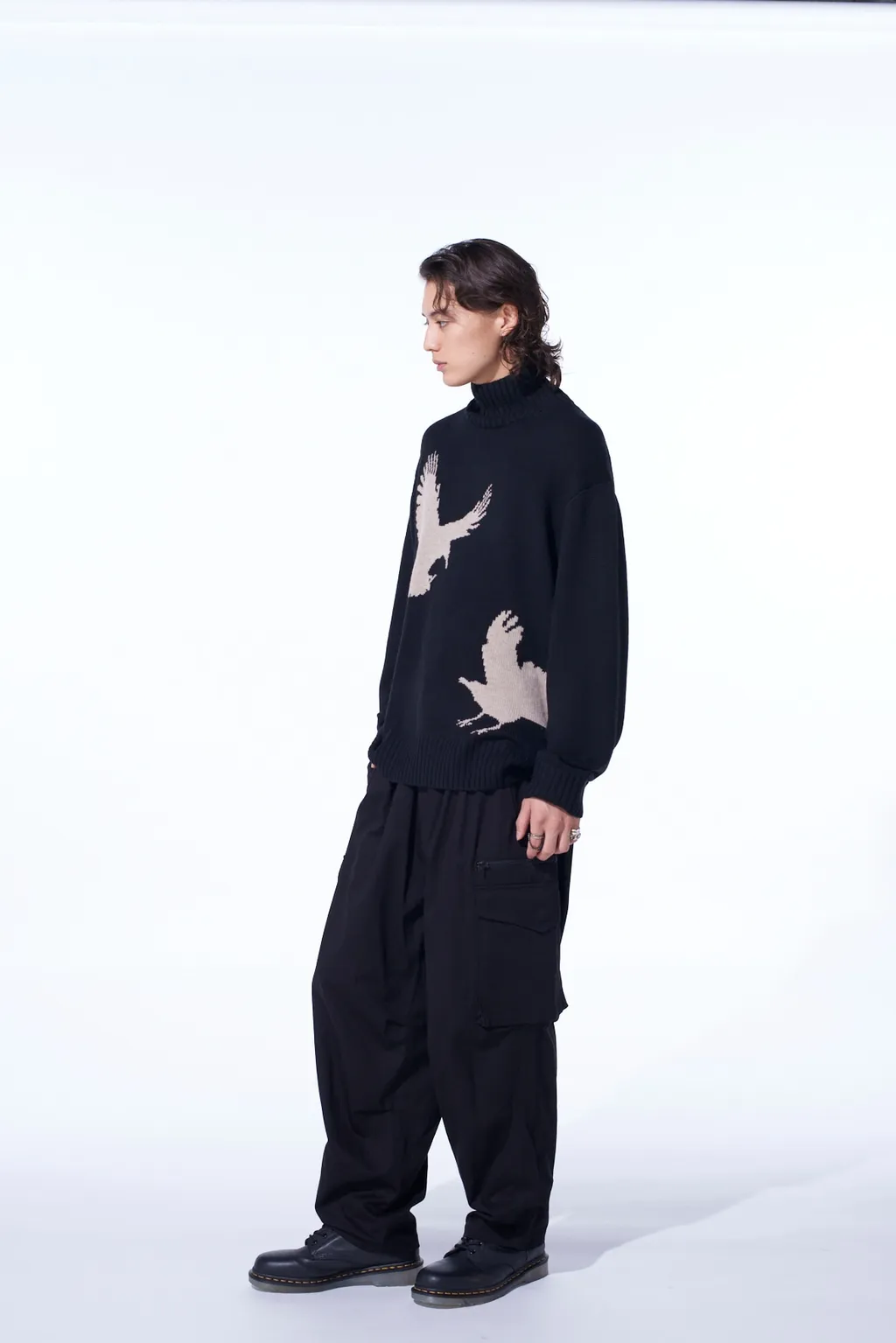 7G Wool-Blend Intarsia Crow-Pattern High Neck Knit