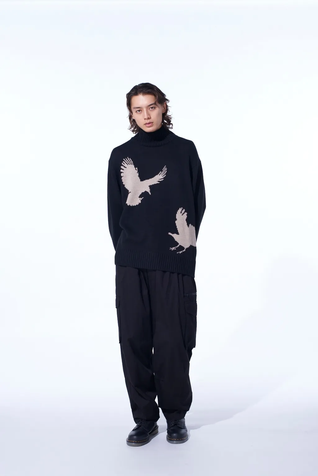 7G Wool-Blend Intarsia Crow-Pattern High Neck Knit