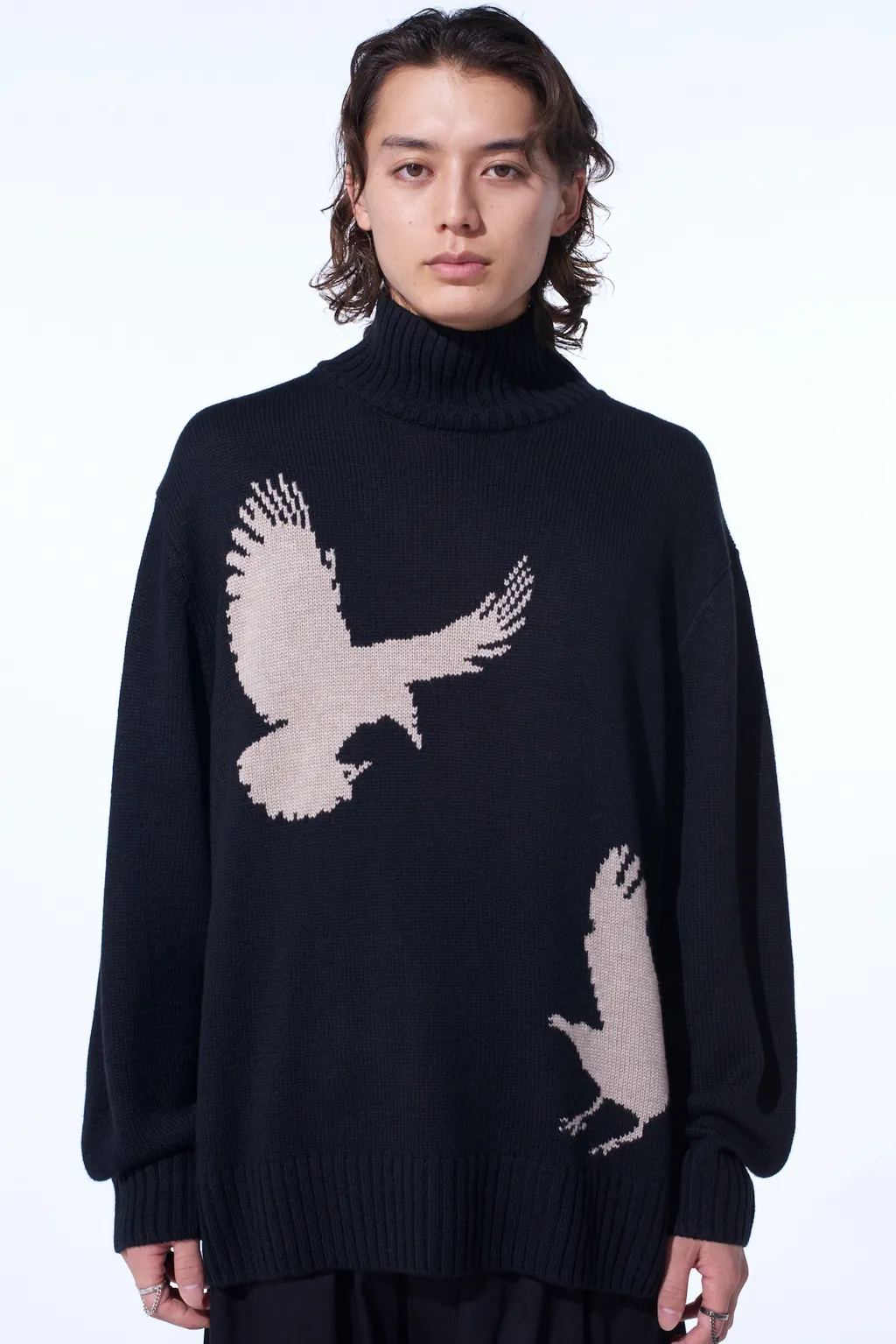 7G Wool-Blend Intarsia Crow-Pattern High Neck Knit