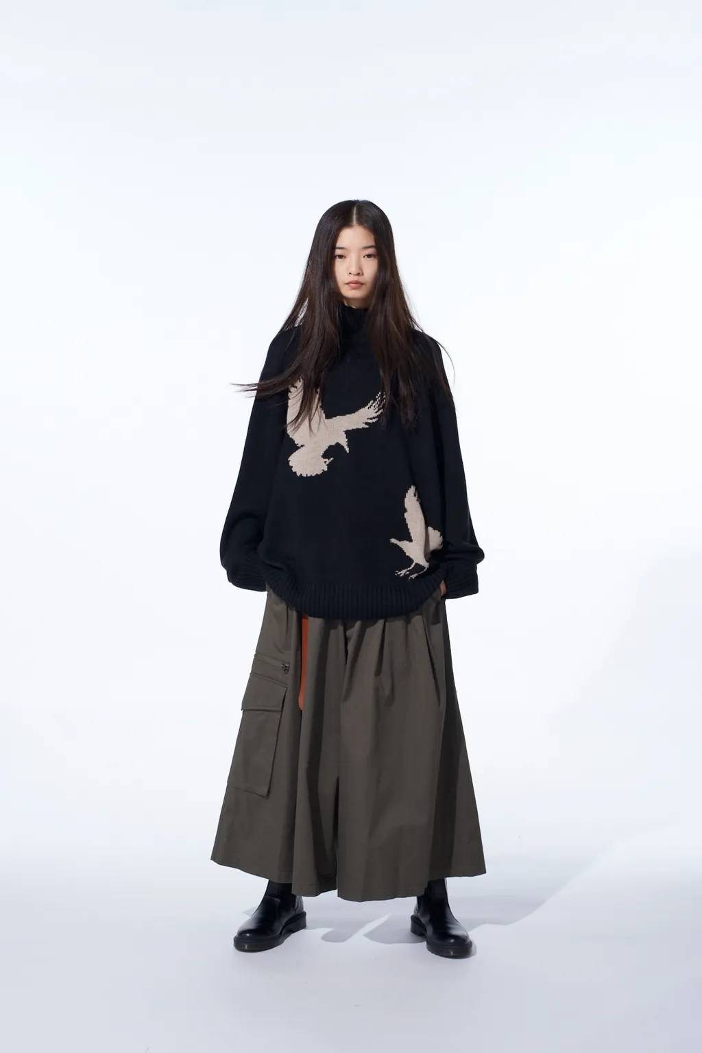 7G Wool-Blend Intarsia Crow-Pattern High Neck Knit