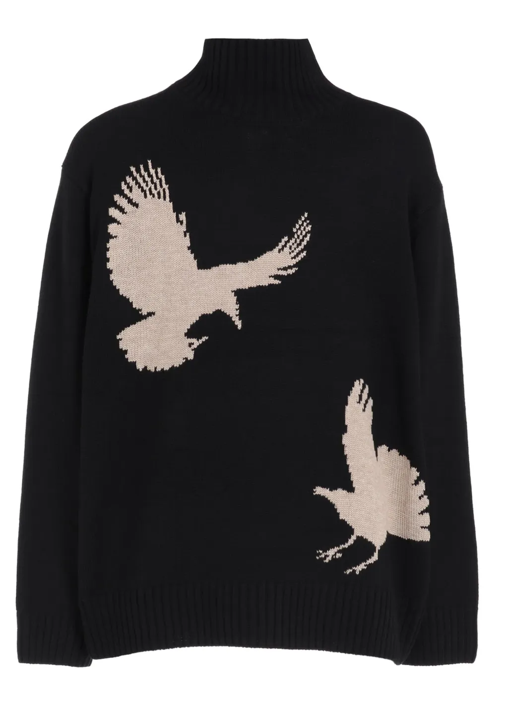 7G Wool-Blend Intarsia Crow-Pattern High Neck Knit