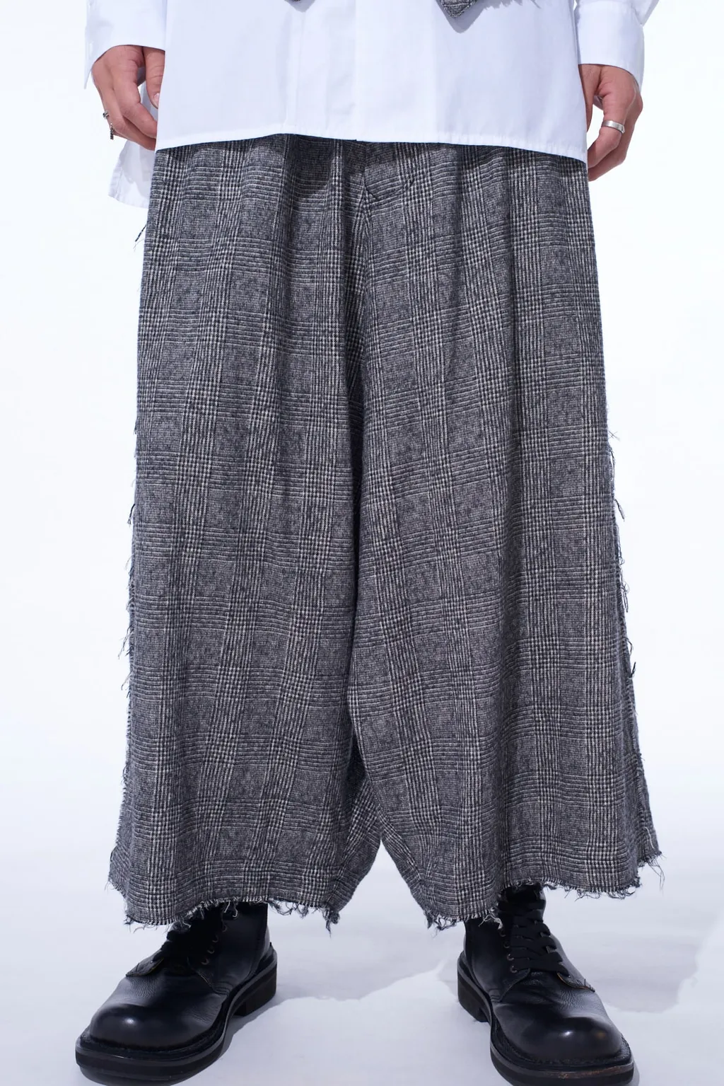 Glen Check Raw Edge Wide Sarouel Pants